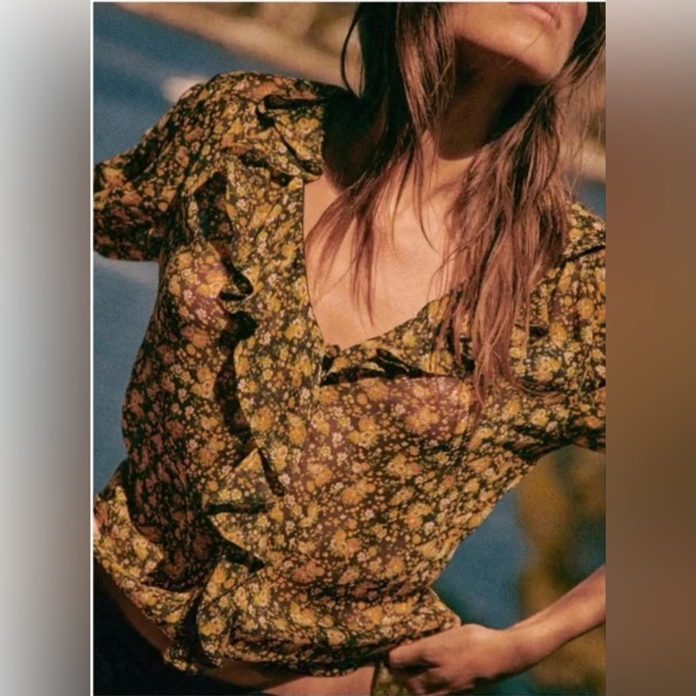 Sezane Irena Blouse Blossom Jaune Fond Noir - Size 36